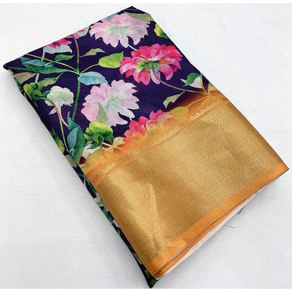 Purple cotton silk floral printed saree with unstitched blouse (5.5mtr), traditional Indian women's attire