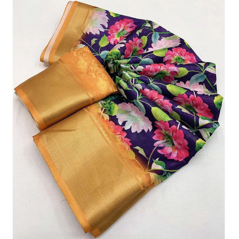 Purple cotton silk floral printed saree with unstitched blouse, 5.5Mtr - vibrant traditional Indian attire on display