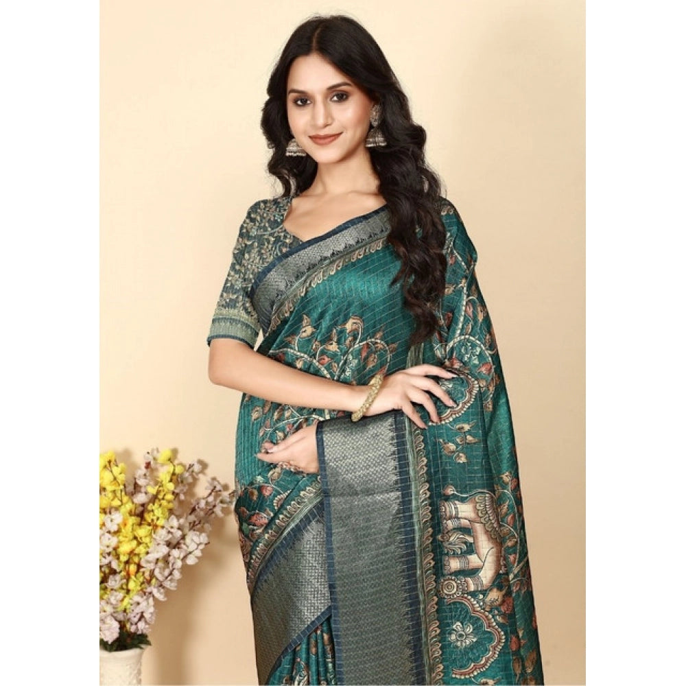 Teal cotton silk printed saree with unstitched blouse, elegant Indian attire for women on display