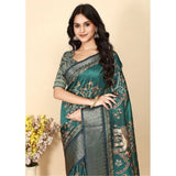 Teal cotton silk printed saree with unstitched blouse, elegant Indian attire for women on display