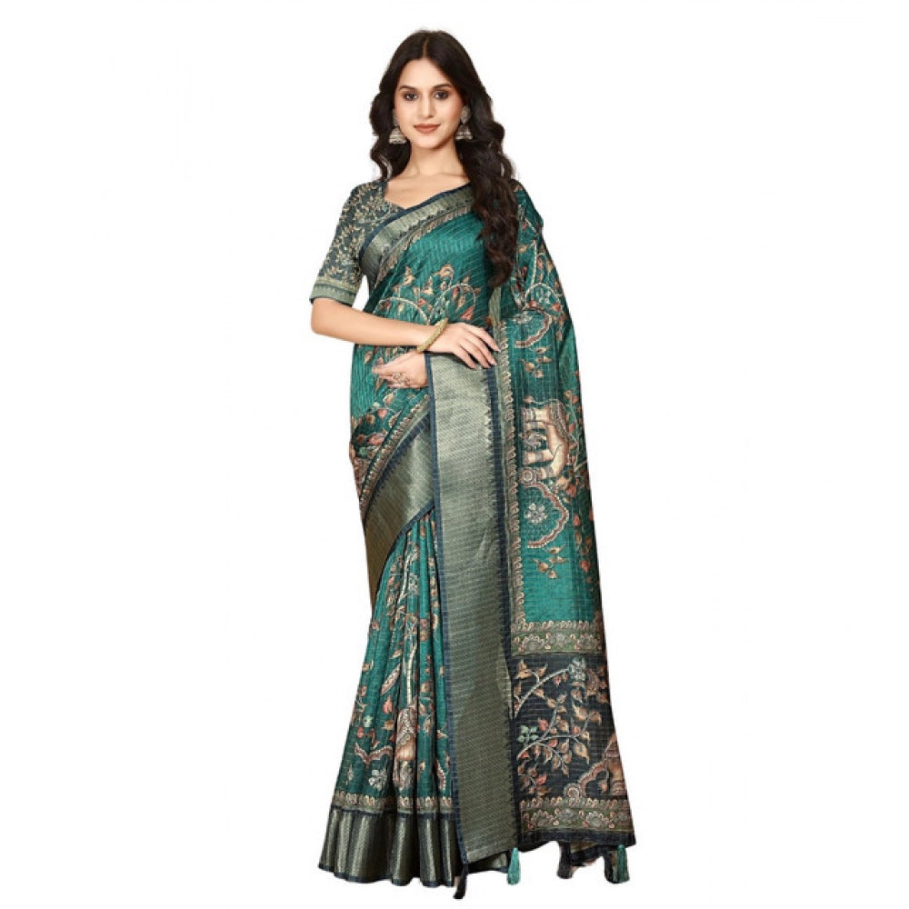 Teal cotton silk printed saree with unstitched blouse (5.5Mtr) - vibrant ethnic wear for women