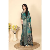 Teal cotton silk printed saree with unstitched blouse, vibrant design on 5.5mtr length