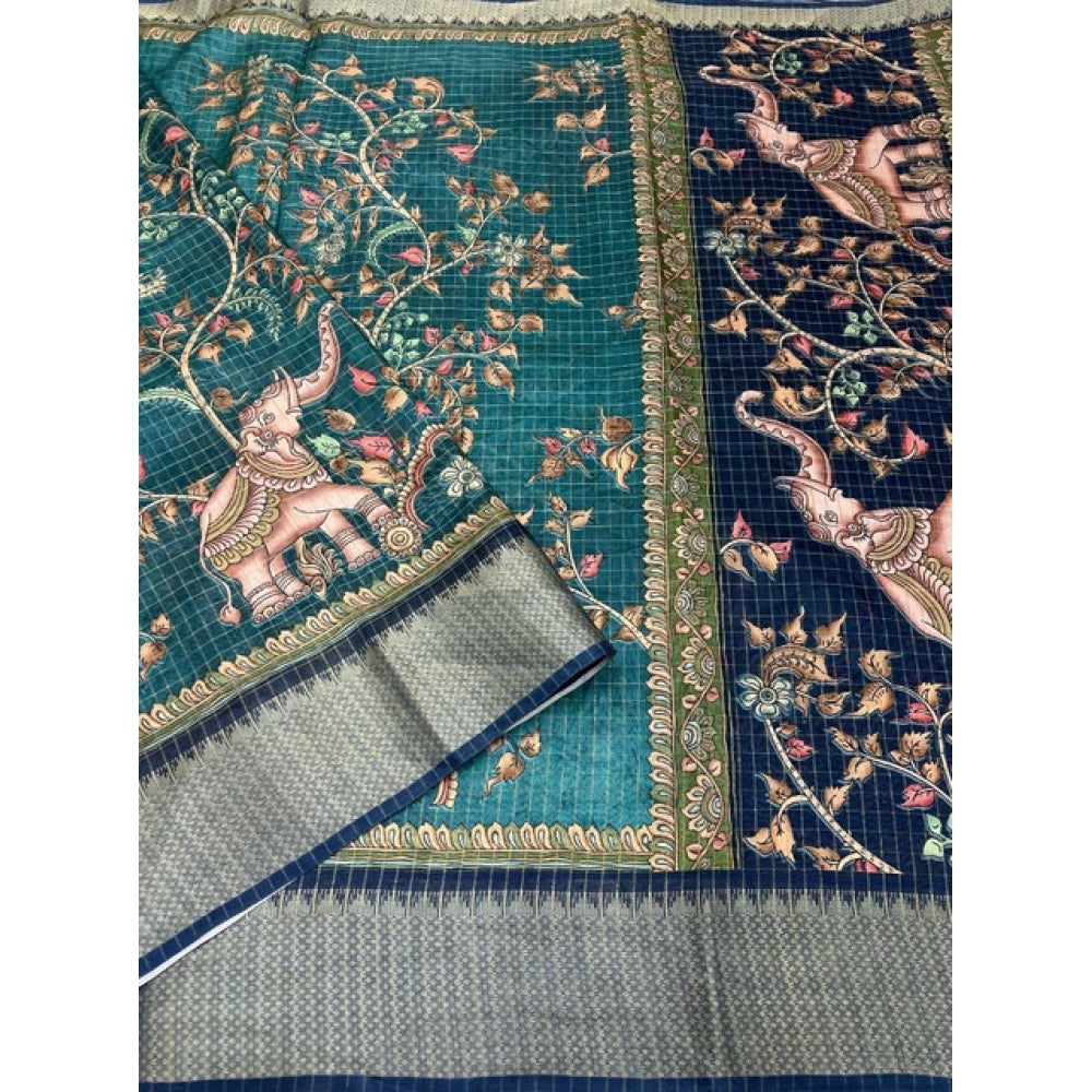 Teal cotton silk printed saree with unstitched blouse (5.5Mtr) - vibrant, traditional Indian wear for women