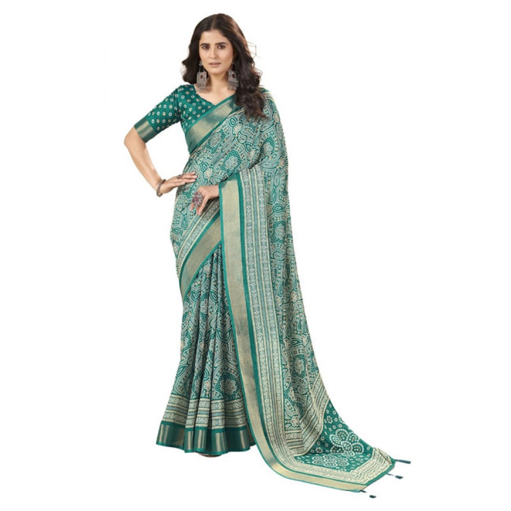 Teal cotton silk floral printed saree with unstitched blouse (5.5mtr), luxury women's traditional Indian wear