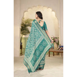 Teal cotton silk floral printed saree with unstitched blouse, vibrant floral pattern on 5.5Mtr length