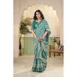 Teal floral printed cotton silk saree with unstitched blouse (5.5mtr), traditional Indian wear for women
