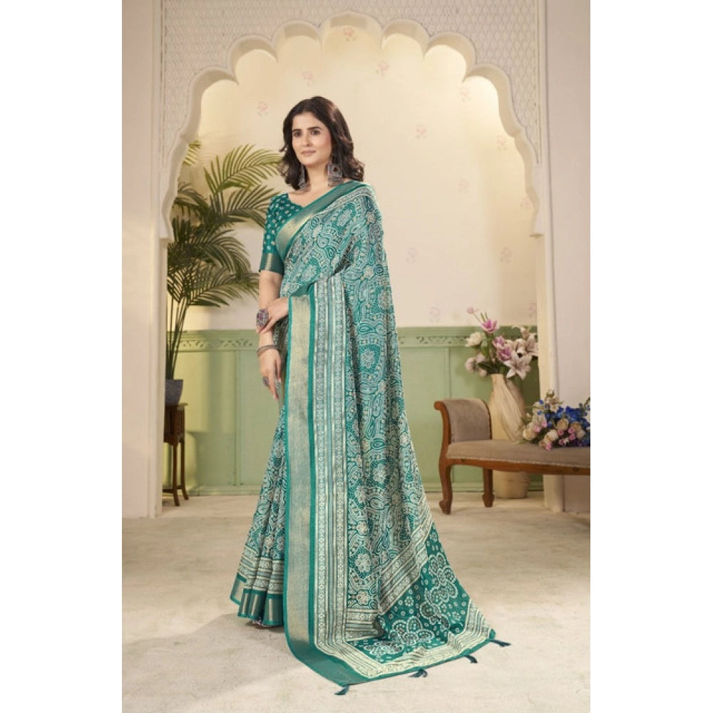 Teal cotton silk floral printed saree with unstitched blouse (5.5Mtr) - elegant women's traditional wear for special occasions