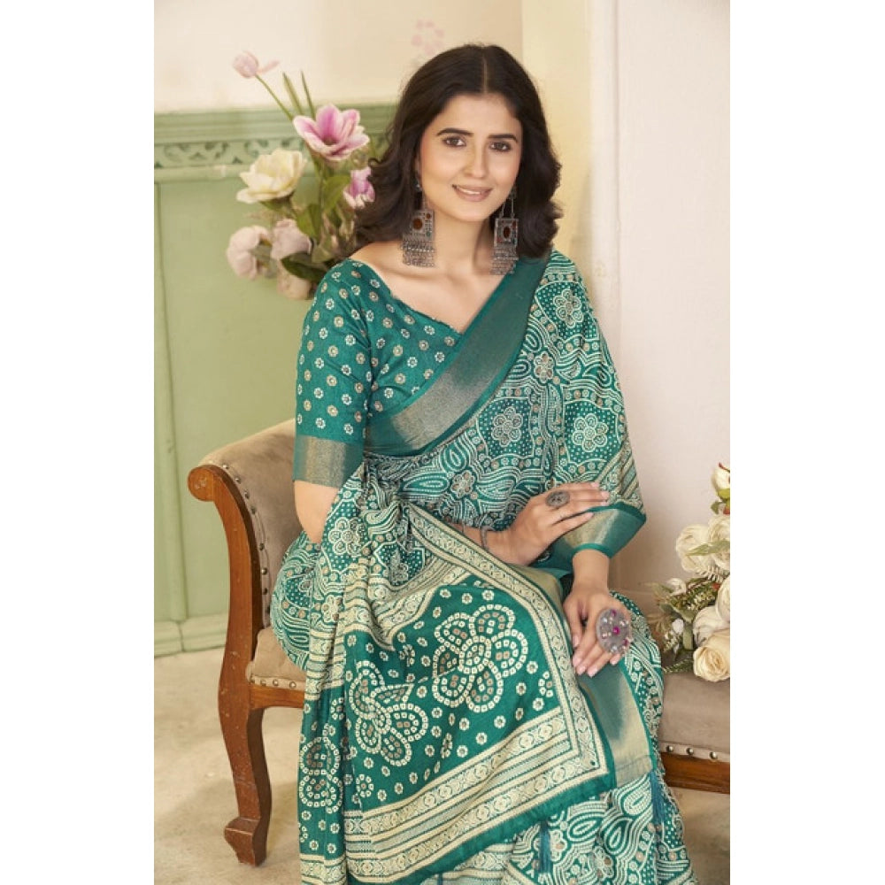 Teal cotton silk floral printed saree with unstitched blouse, 5.5mtr (close-up)