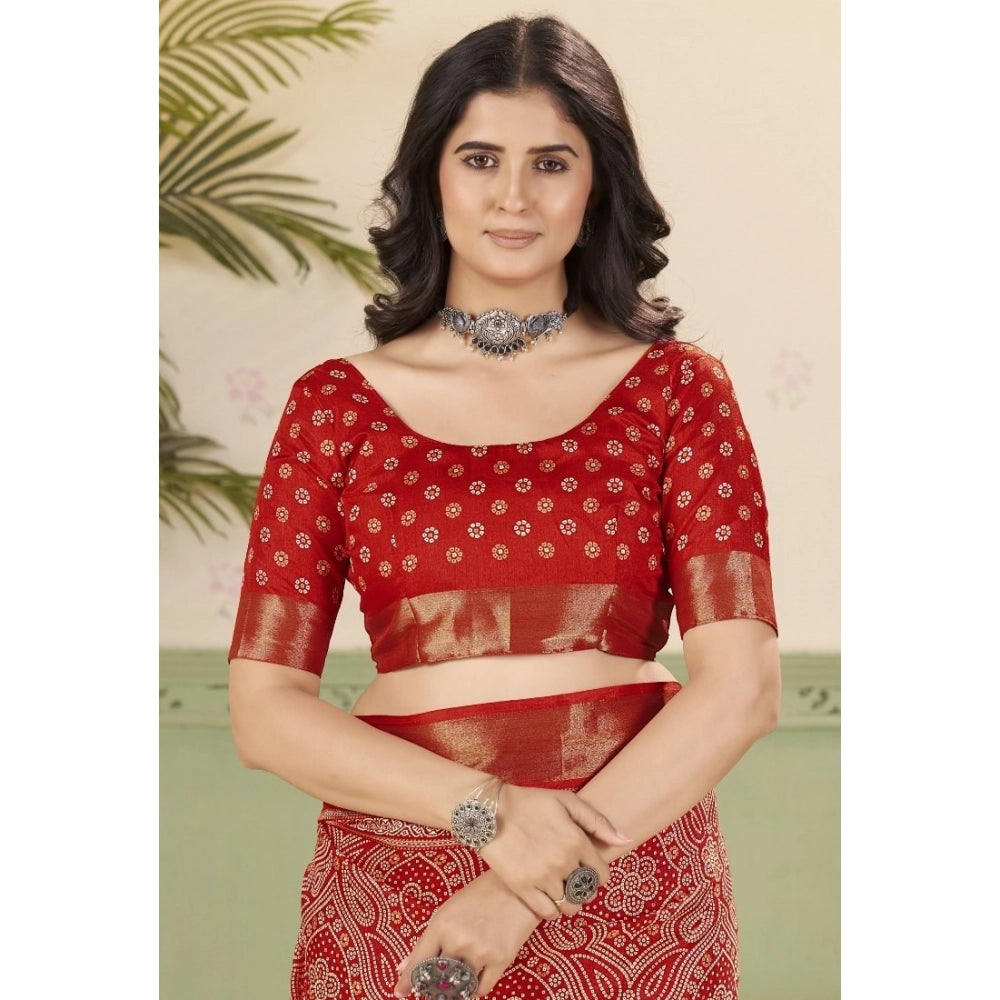 Red cotton silk floral printed saree with unstitched blouse (5.5Mtr), women's traditional Indian wear on mannequin