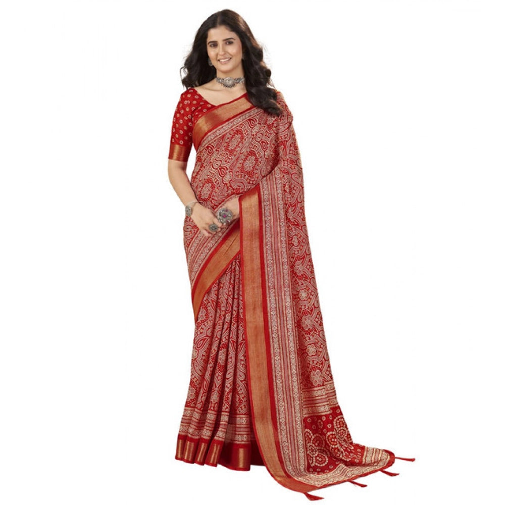 Red cotton silk floral printed saree with unstitched blouse (5.5mtr), traditional Indian wear for women
