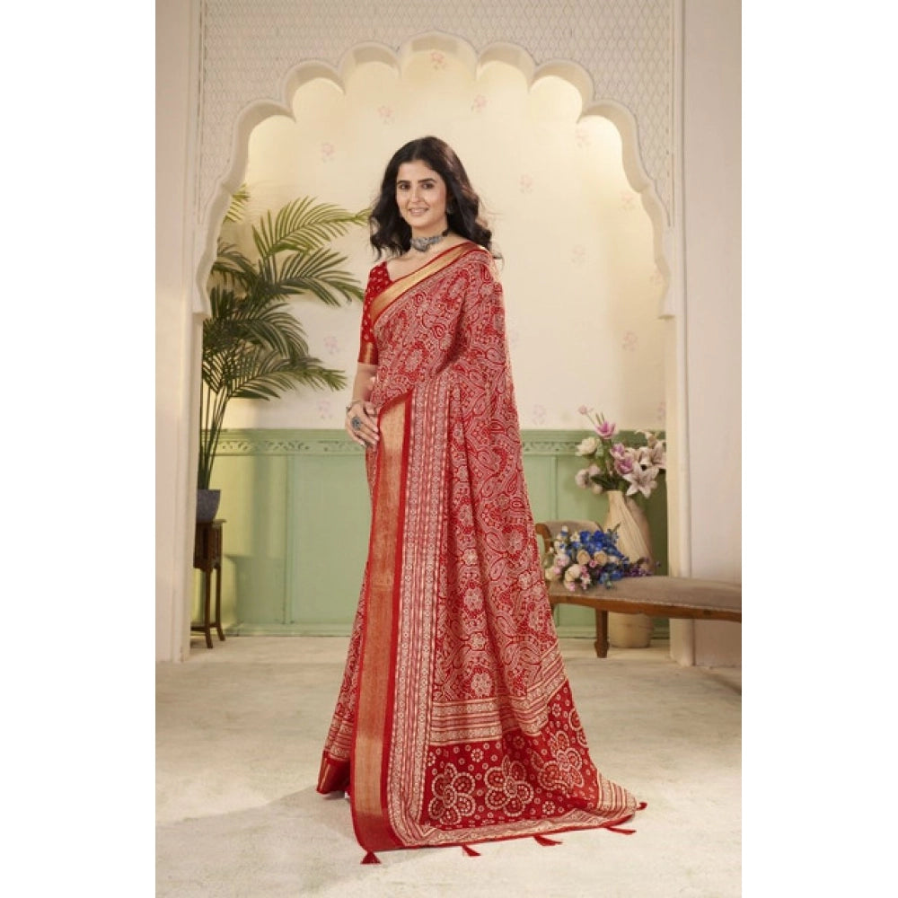 Red cotton silk floral printed saree with unstitched blouse (5.5mtr)