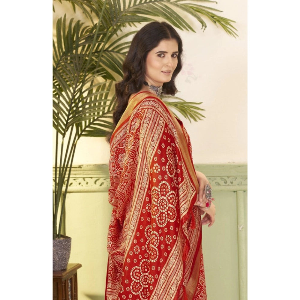 Red cotton silk floral printed saree with unstitched blouse, 5.5Mtr, on model for fashion accessory
