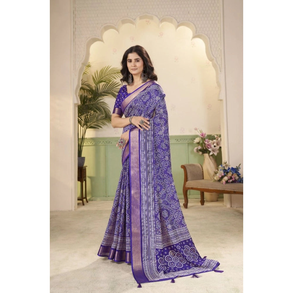 Royal blue cotton silk floral printed saree with unstitched blouse, 5.5mtr