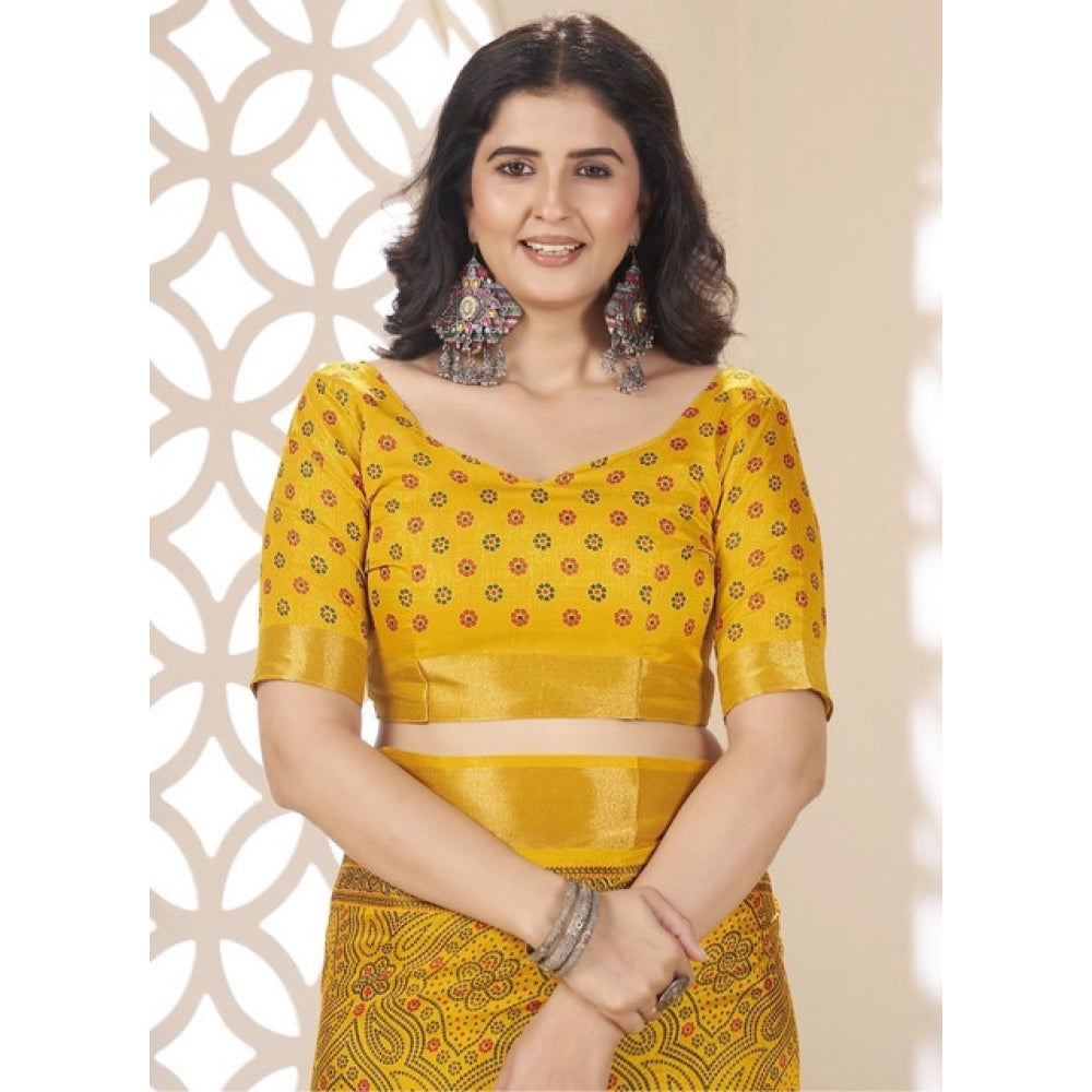 Yellow cotton silk floral printed saree with unstitched blouse (5.5mtr), vibrant floral design for traditional Indian attire
