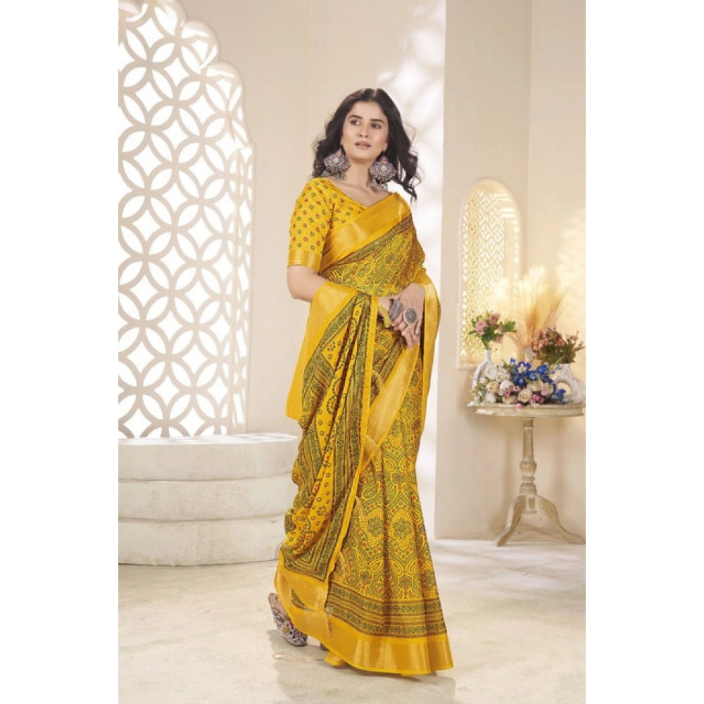 Yellow cotton silk floral printed saree with unstitched blouse, vibrant, traditional Indian attire