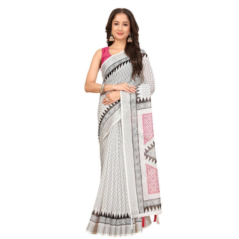 Multicolor linen printed saree with unstitched blouse (5.5Mtr), vibrant ethnic wear for women on display