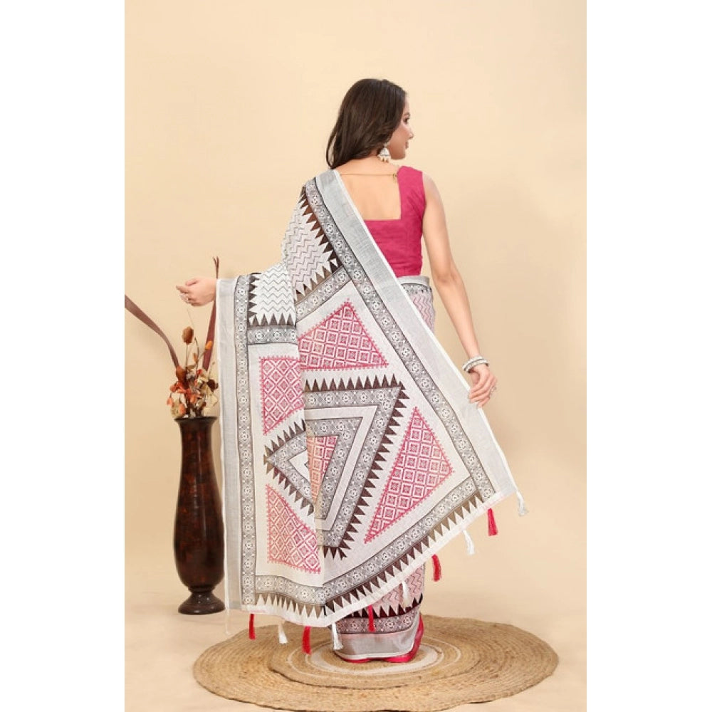 Multicolor linen printed saree with unstitched blouse (5.5Mtr), vibrant Indian fashion accessory for women on mannequin