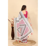 Multicolor linen printed saree with unstitched blouse (5.5Mtr), vibrant Indian fashion accessory for women on mannequin