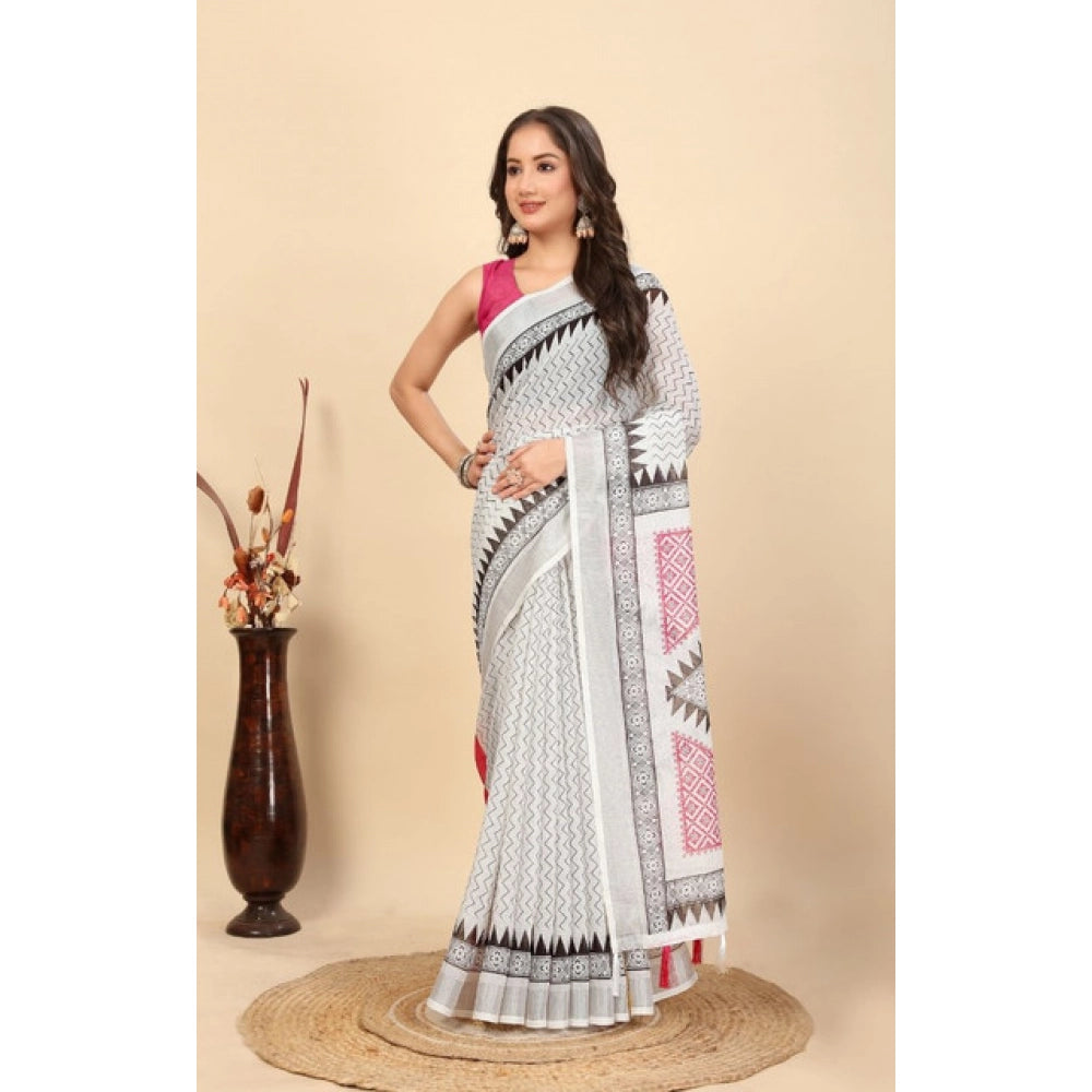 Multi-colored linen printed saree with unstitched blouse, vibrant Indian women's fashion accessory