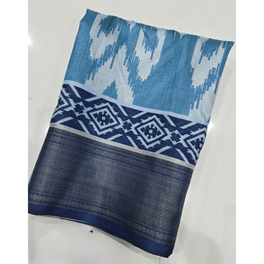 Blue cotton silk printed saree with unstitched blouse (5.5mtr)