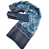 Blue cotton silk printed saree with unstitched blouse (5.5mtr), elegant Indian women's traditional wear