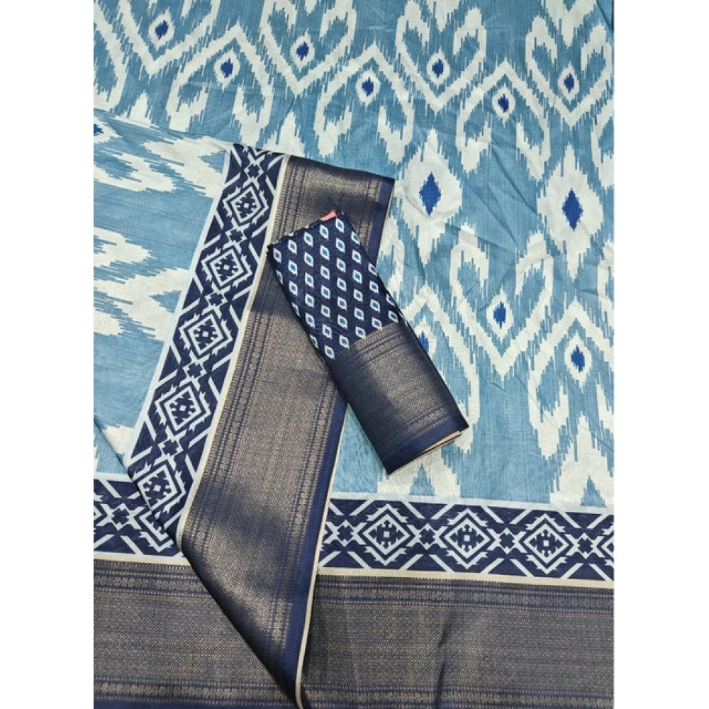 Blue cotton silk printed saree with unstitched blouse (5.5Mtr) - vibrant Indian traditional wear for women