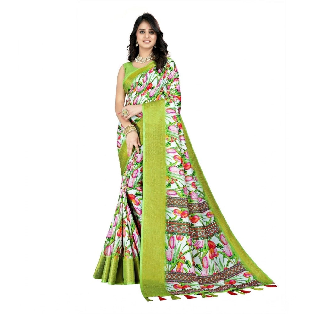 Green-white cotton silk floral printed saree with unstitched blouse (5.5Mtr), traditional Indian attire for women