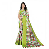 Green-white floral printed cotton silk saree with unstitched blouse (5.5Mtr), traditional Indian women's wear on display