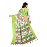 Green-White cotton silk floral printed saree with unstitched blouse, vibrant floral design on traditional attire for women