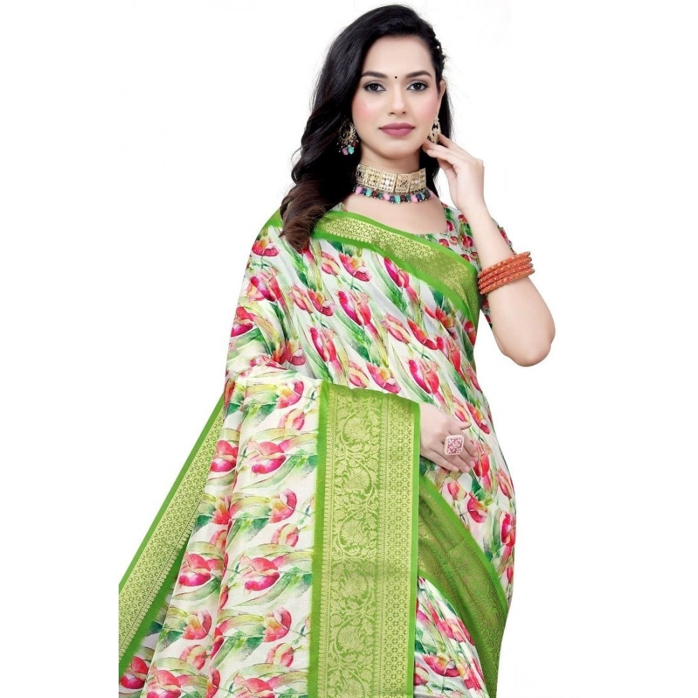 Green-white cotton silk floral printed saree with unstitched blouse (5.5Mtr), vibrant floral design for traditional Indian wear