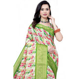Green-white cotton silk floral printed saree with unstitched blouse (5.5Mtr), vibrant floral design for traditional Indian wear