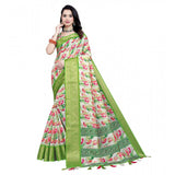 Green-White cotton silk floral printed saree with unstitched blouse, 5.5Mtr