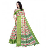 Green-white cotton silk floral printed saree with unstitched blouse, vibrant blooms on ethereal fabric