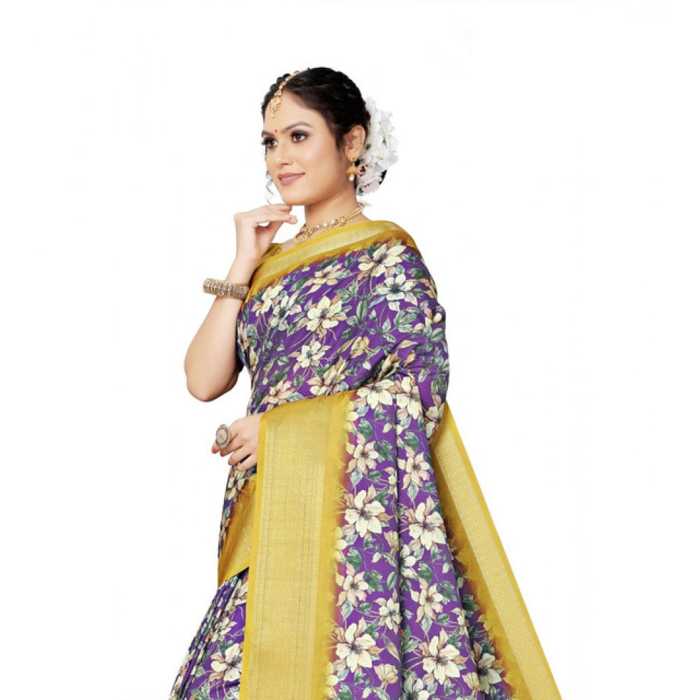 Purple cotton silk floral printed saree with unstitched blouse (5.5mtr), traditional Indian women's wear on mannequin