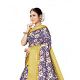 Purple cotton silk floral printed saree with unstitched blouse (5.5mtr), traditional Indian women's wear on mannequin