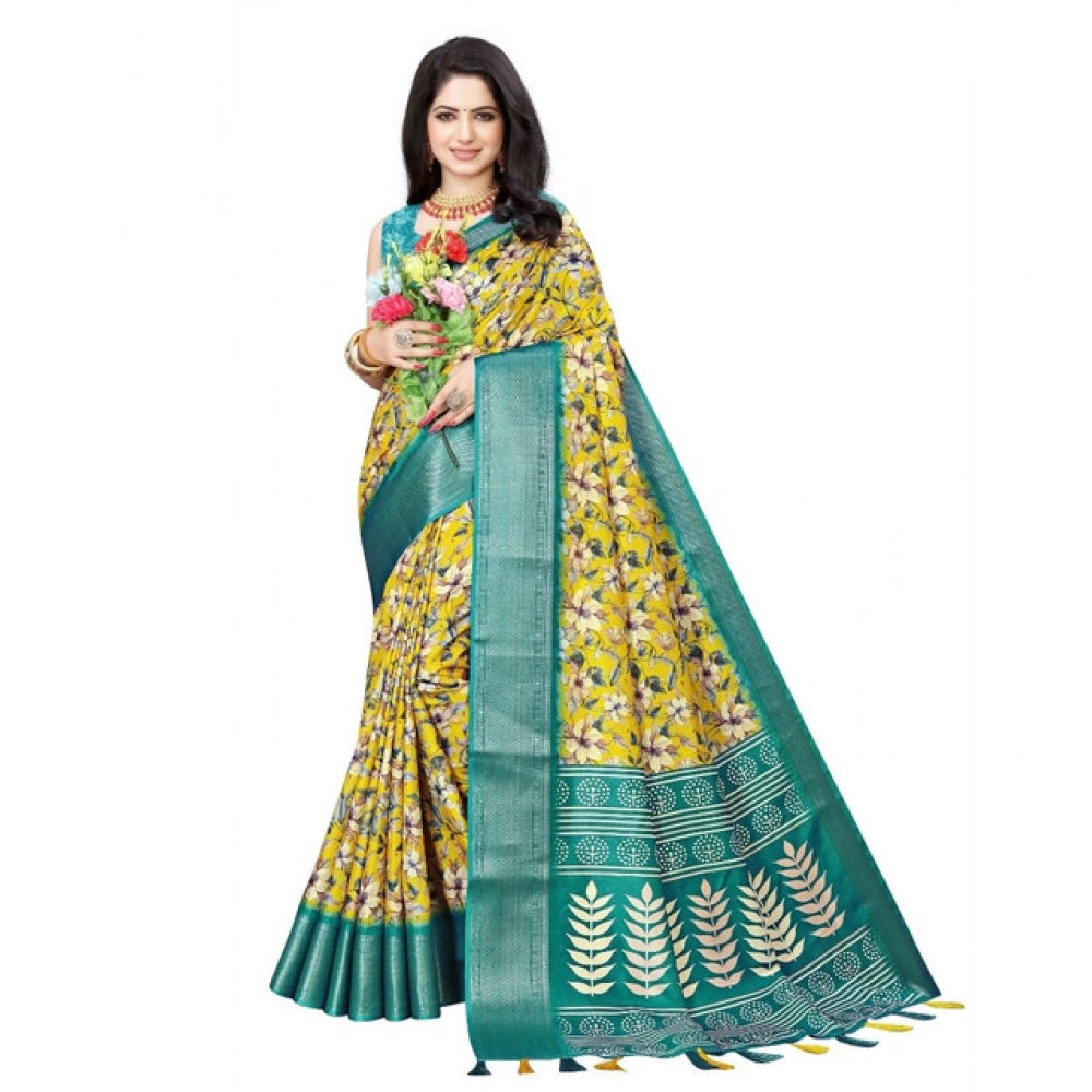 Yellow cotton silk floral printed saree with unstitched blouse, 5.5Mtr
