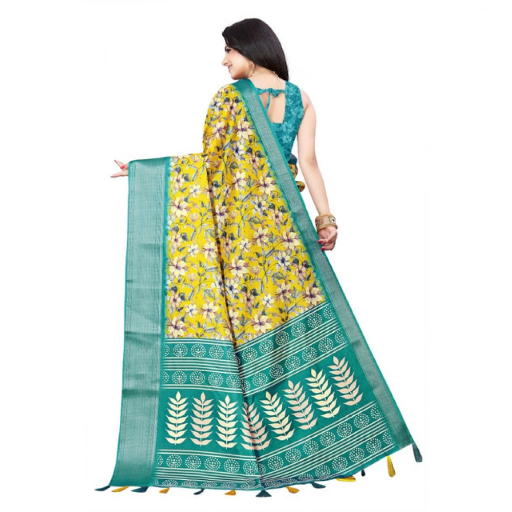 Yellow cotton silk floral printed saree with unstitched blouse (5.5Mtr), vibrant floral design for traditional Indian wear
