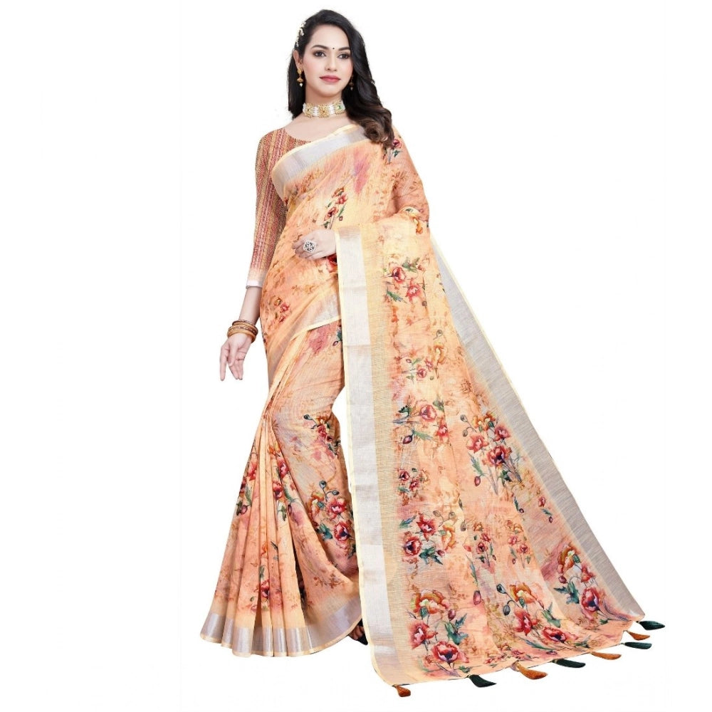 Peach cotton silk floral printed saree with unstitched blouse (5.5mtr) - vibrant, elegant, Indian traditional wear