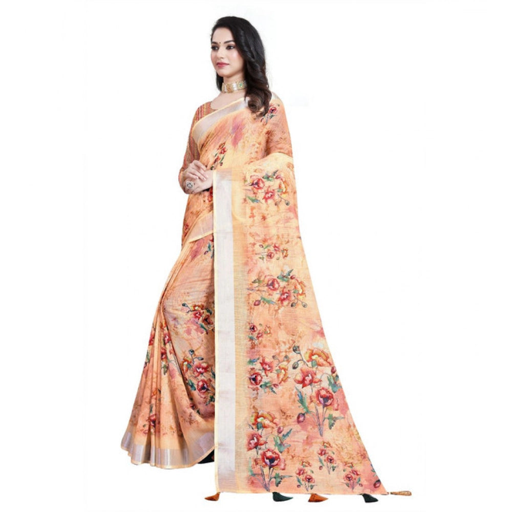 Peach cotton silk floral printed saree with unstitched blouse (5.5Mtr), vibrant floral design on traditional Indian attire