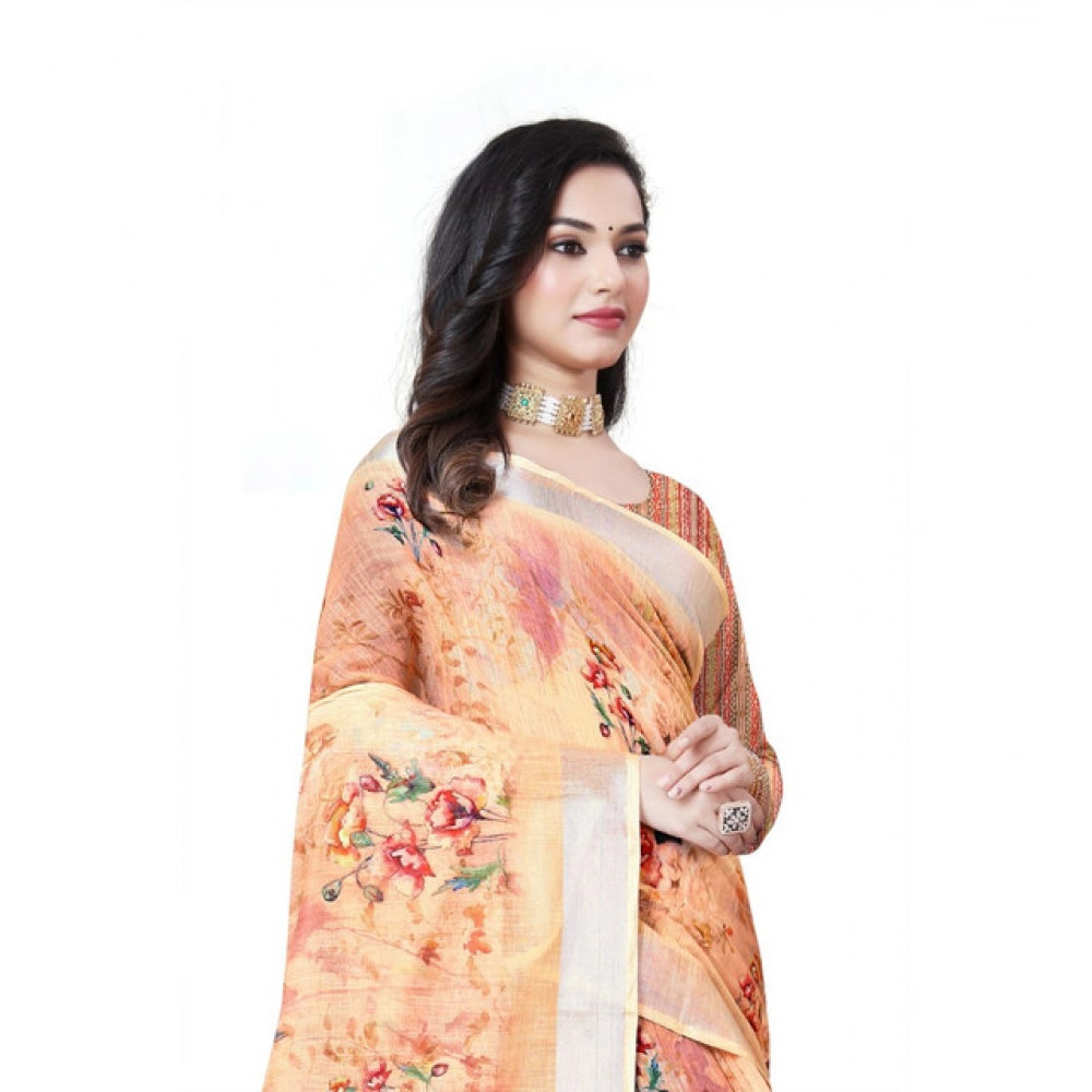 Peach cotton silk floral printed saree with unstitched blouse (5.5mtr) - vibrant floral design for traditional Indian wear