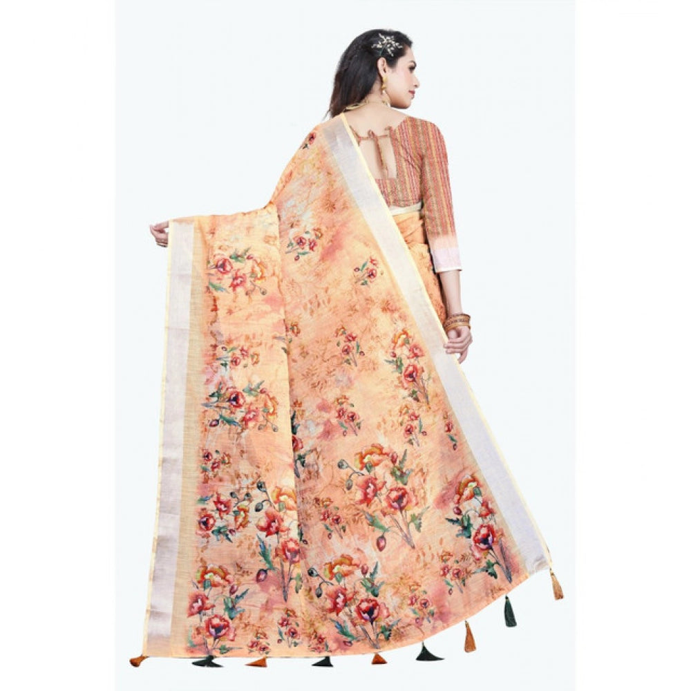 Peach cotton silk floral printed saree with unstitched blouse (5.5mtr), vibrant floral design on Indian women's wear