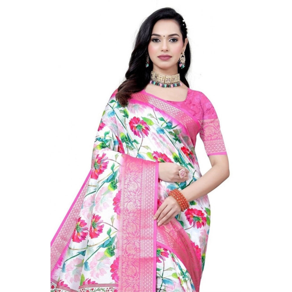 Pink-white cotton silk floral printed saree with unstitched blouse, elegant women's traditional Indian attire