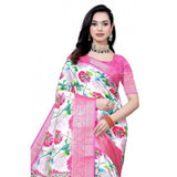 Pink-white cotton silk floral printed saree with unstitched blouse, elegant women's traditional Indian attire