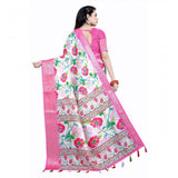 Pink-white cotton silk floral printed saree with unstitched blouse, vibrant floral patterns on Indian women's fashion