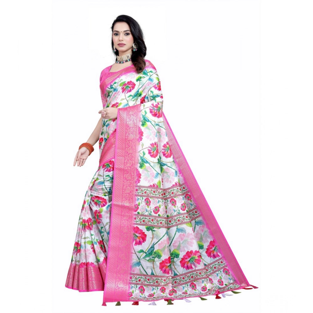 Pink-White cotton silk floral printed saree with unstitched blouse, vibrant blooms on a classic Indian wear
