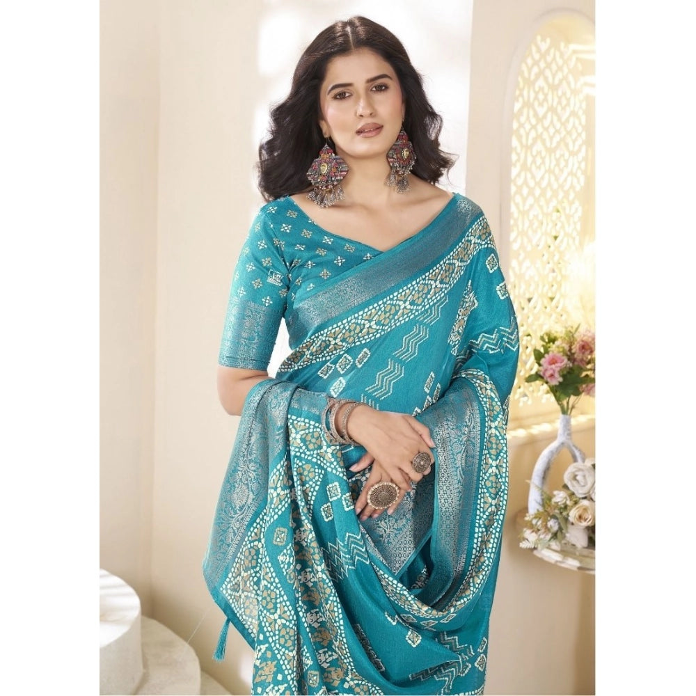 Teal cotton silk printed saree with unstitched blouse (5.5Mtr), vibrant pattern on a luxurious fabric