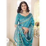 Teal cotton silk printed saree with unstitched blouse (5.5Mtr), vibrant pattern on a luxurious fabric