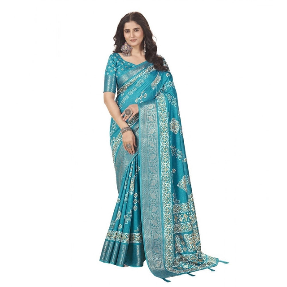 Teal cotton silk printed saree with unstitched blouse, vibrant pattern for women's fashion (5.5mtr)