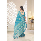 Teal cotton silk printed saree with unstitched blouse (5.5Mtr), traditional Indian attire on display