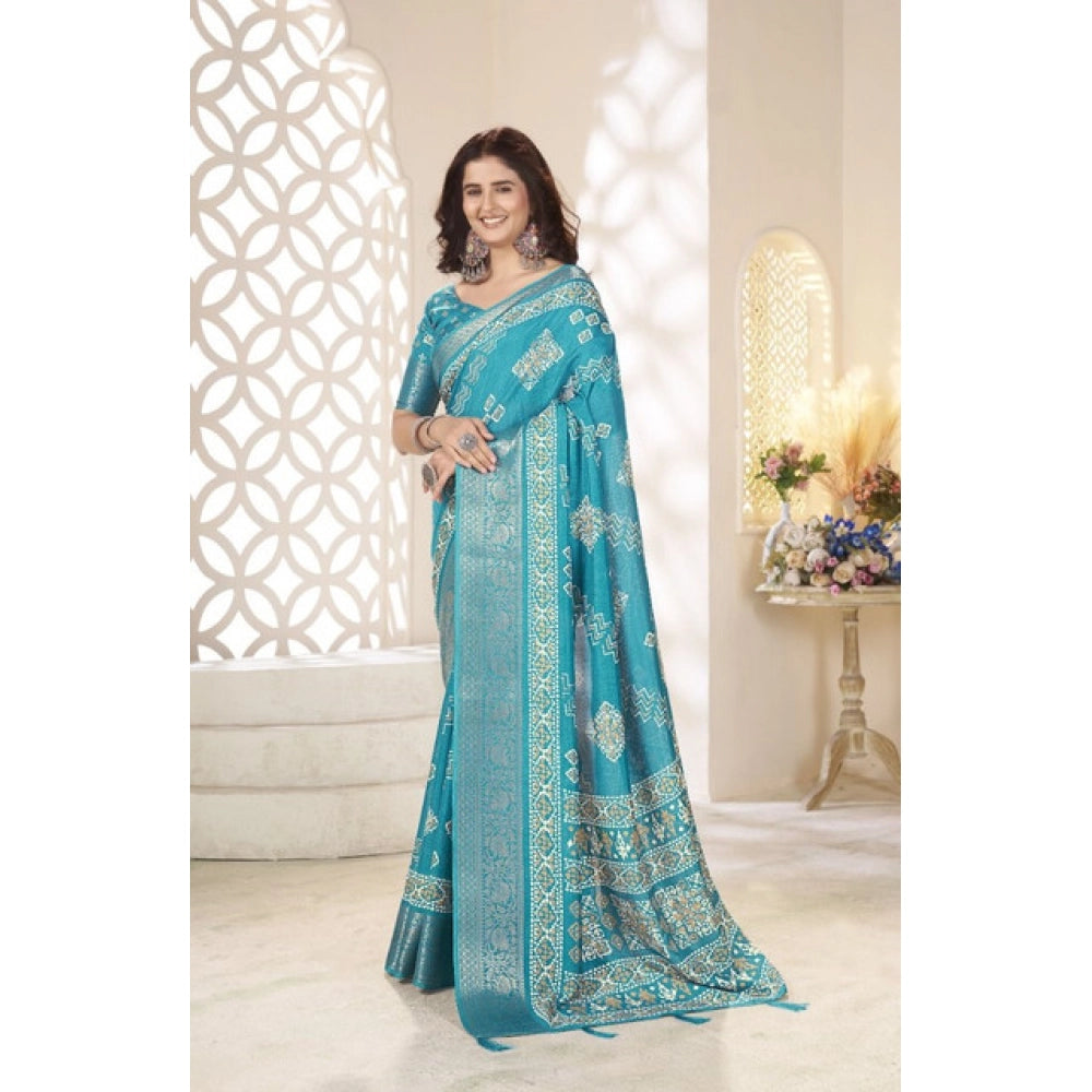 Teal cotton silk printed saree with unstitched blouse (5.5mtr), vibrant pattern on Indian women's traditional wear